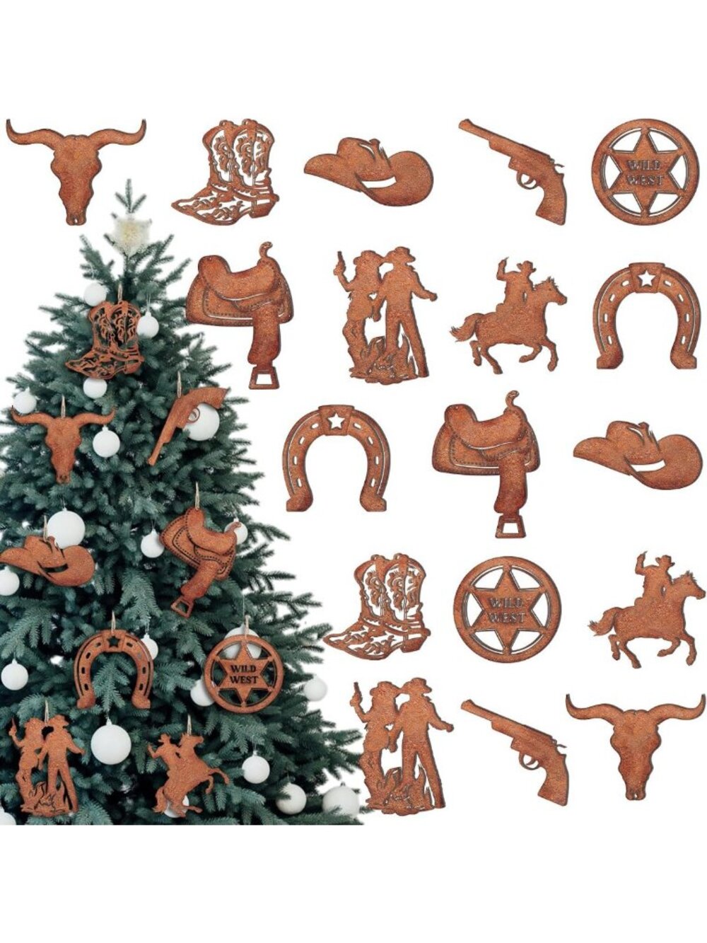 18 Pcs Western Cowboy Christmas Tree Ornaments - Rustic Iron Holiday Decor